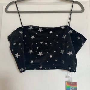 NWT Romwe Cropped Velvet Tank, Black with silver glitter stars